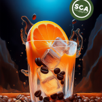 a glass with orange juice and ice cubes and coffee beans