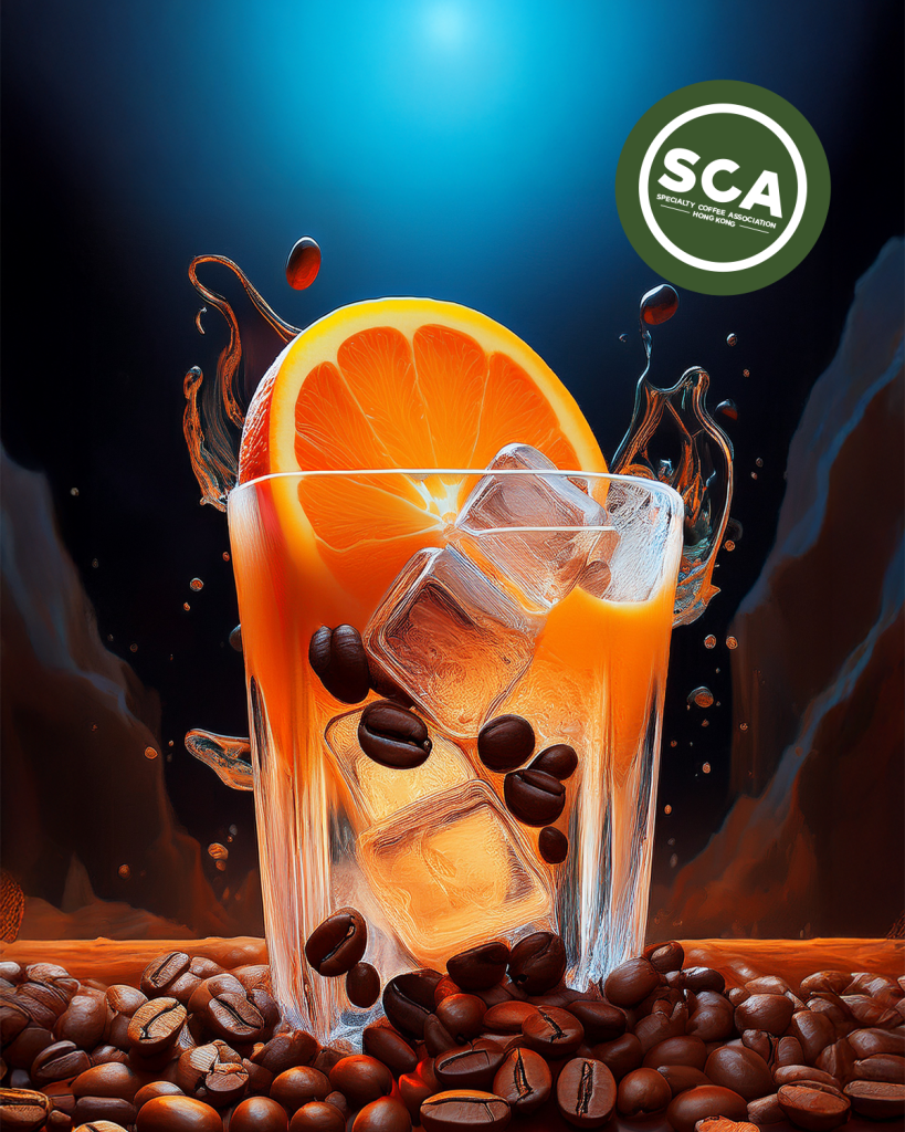a glass with orange juice and ice cubes and coffee beans